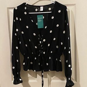 Divided by H&M Black White Polka Dot Tie Blouse